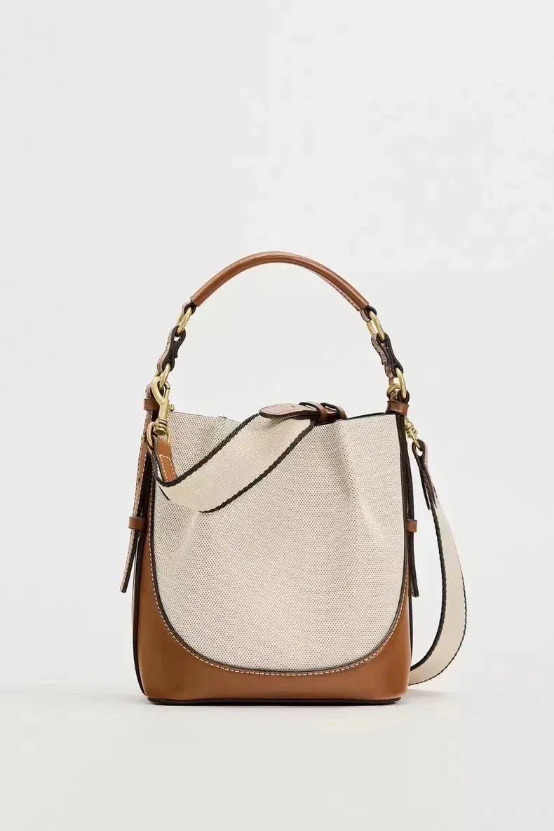 Fashion Drawstring Canvas Contrast Color Casual One-shoulder Bucket Bag