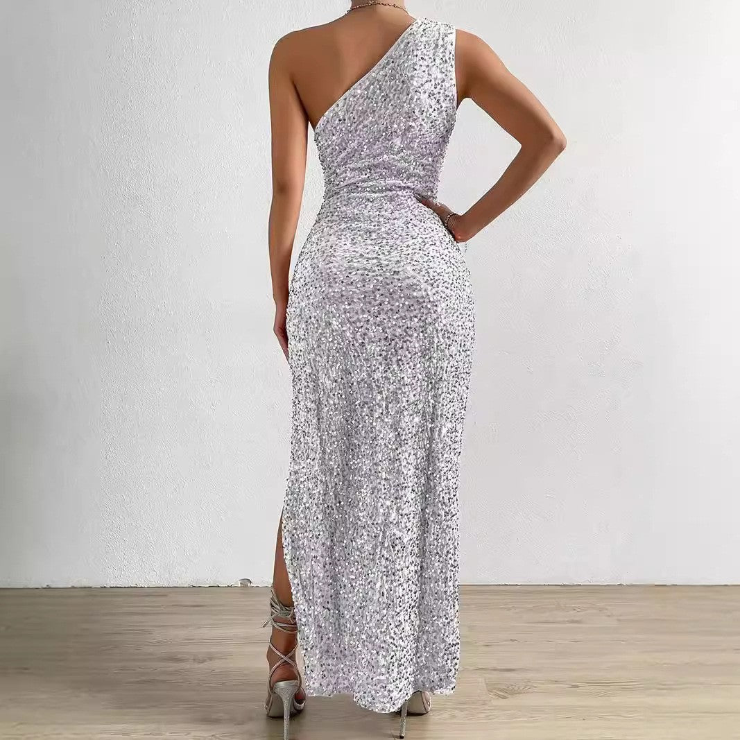 Sexy Sequined Shoulder Sleeping Beauty Split Solid Color Dress
