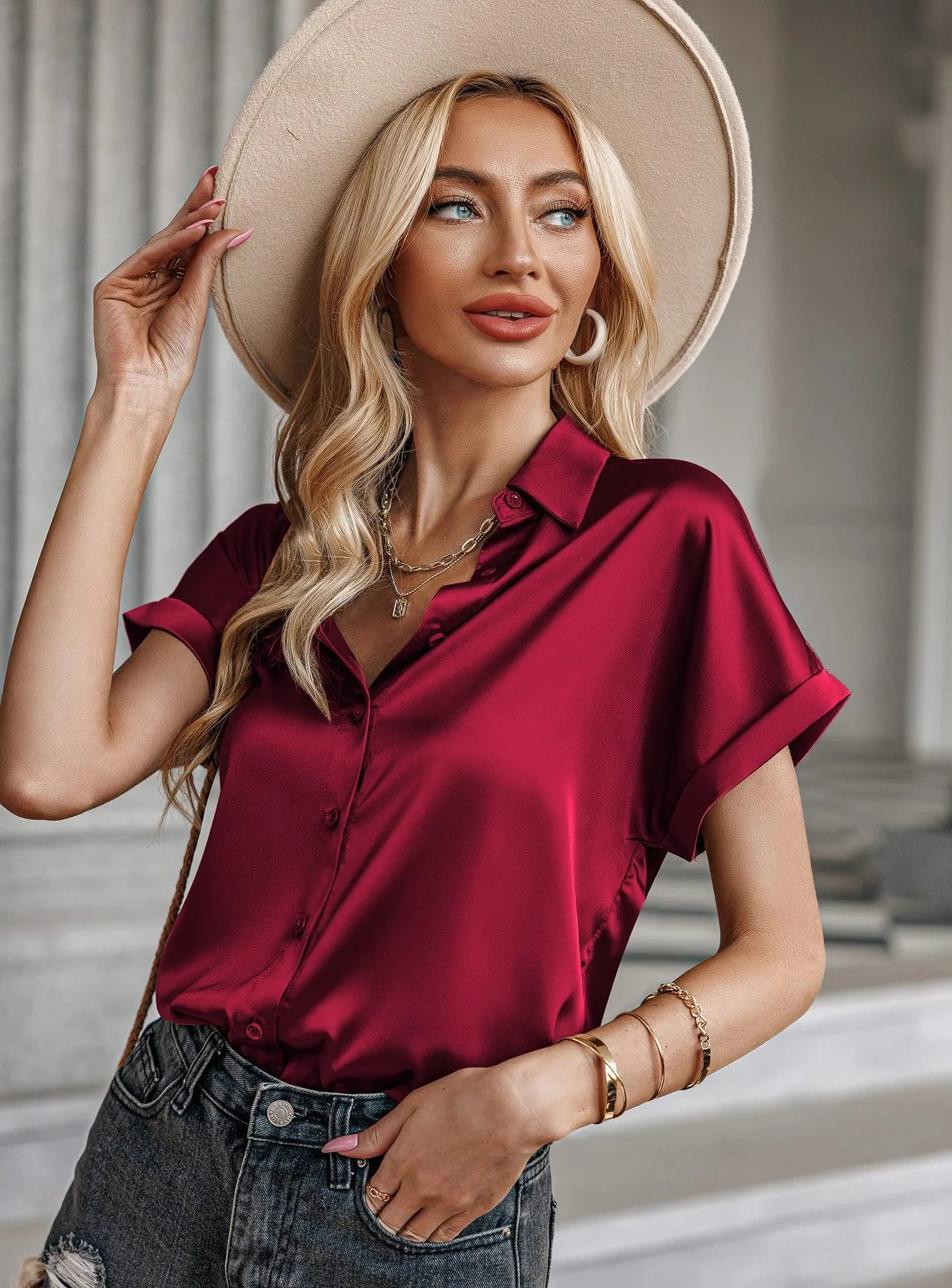Lapel Button Short Sleeve Shirt Summer Casual Loose Solid Color Beach Top For Womens Clothing