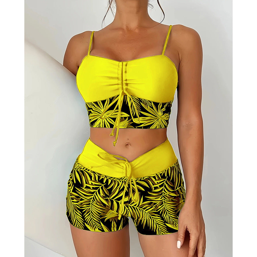 Women's Split High Waist Boxer Lace Printing Swimsuit