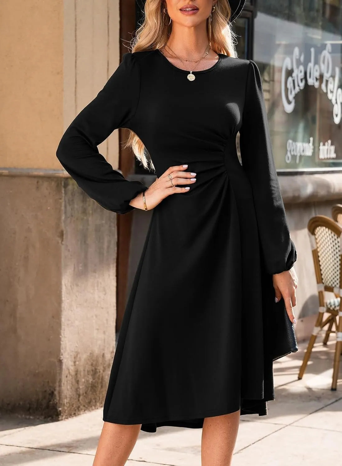 European And American Round Neck Pullover Fashion Long Sleeve Slim Fit Slit Dress