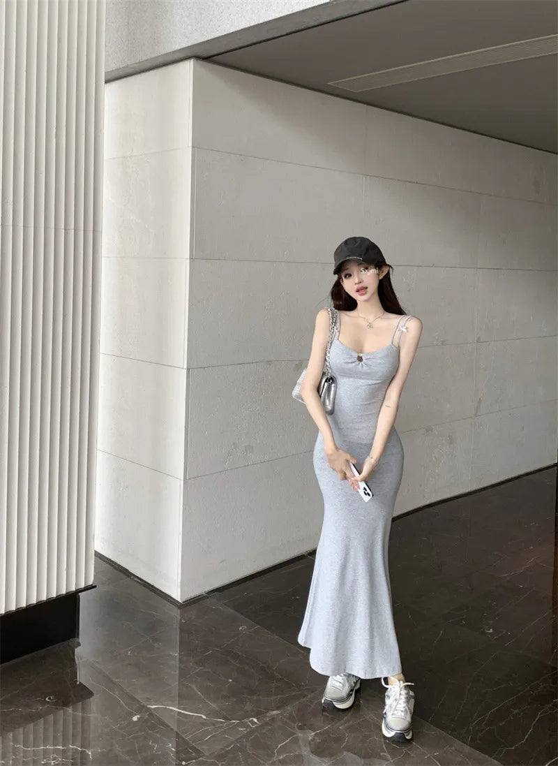 Double-shoulder Strap Sling Waist-tight Slim And Sexy Hip-wrapped Fishtail Dress