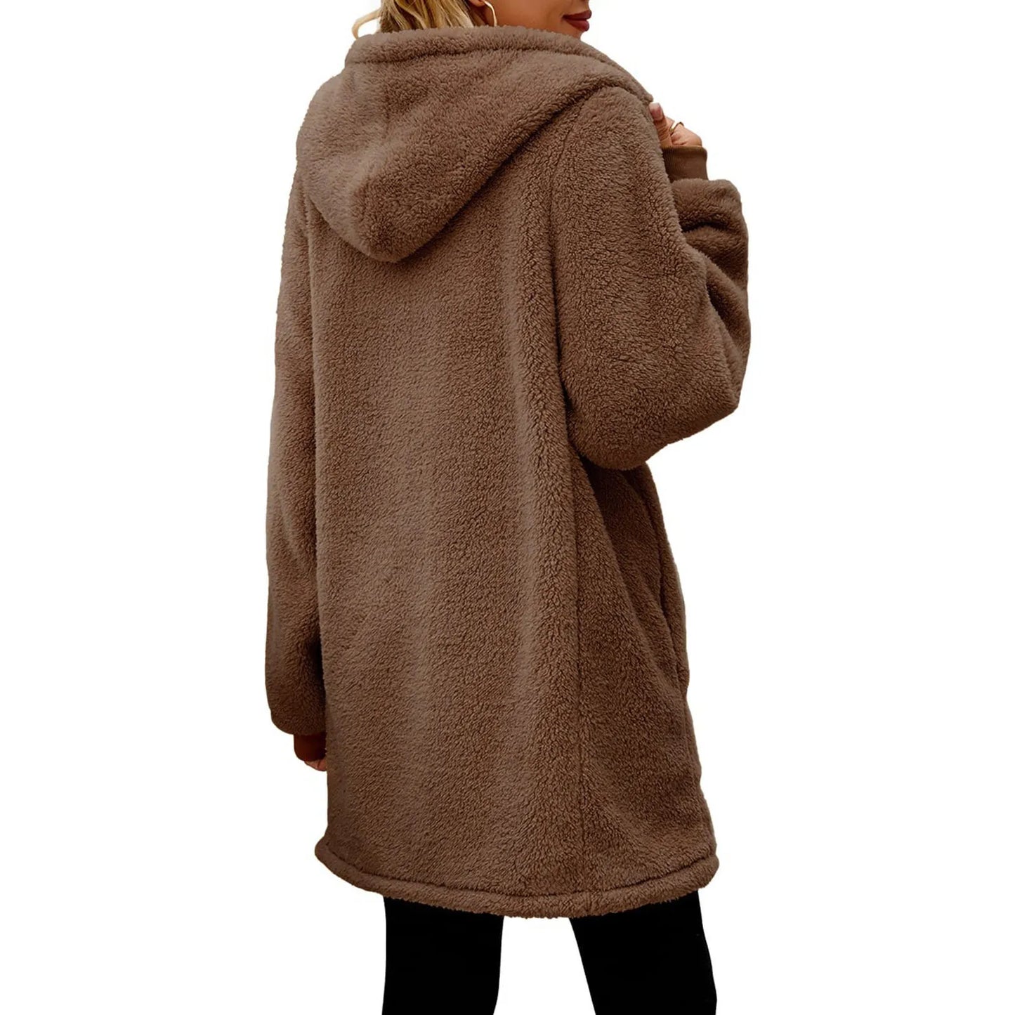Loose Plush Women's Long Sleeve Hooded Zip Cardigan Coat