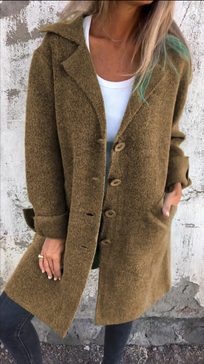 Apel Single Breasted Cardigan With Pockets Fashion Color Solid Mid-Length Outwear Coat Womens Clothing