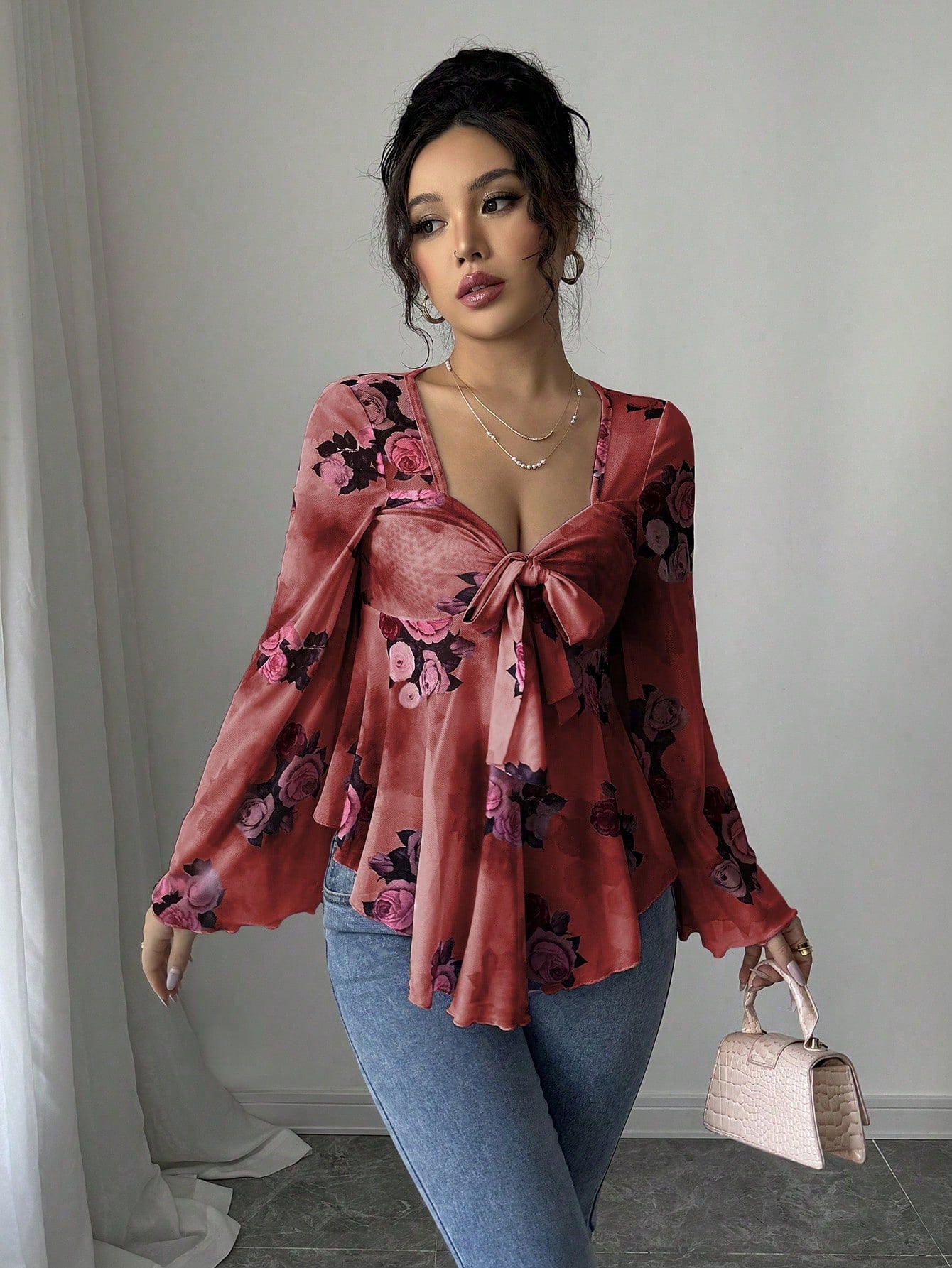 European And American Design Sense French Sweet Flower Blooming Lace-up Square Collar Long Sleeve Shirt
