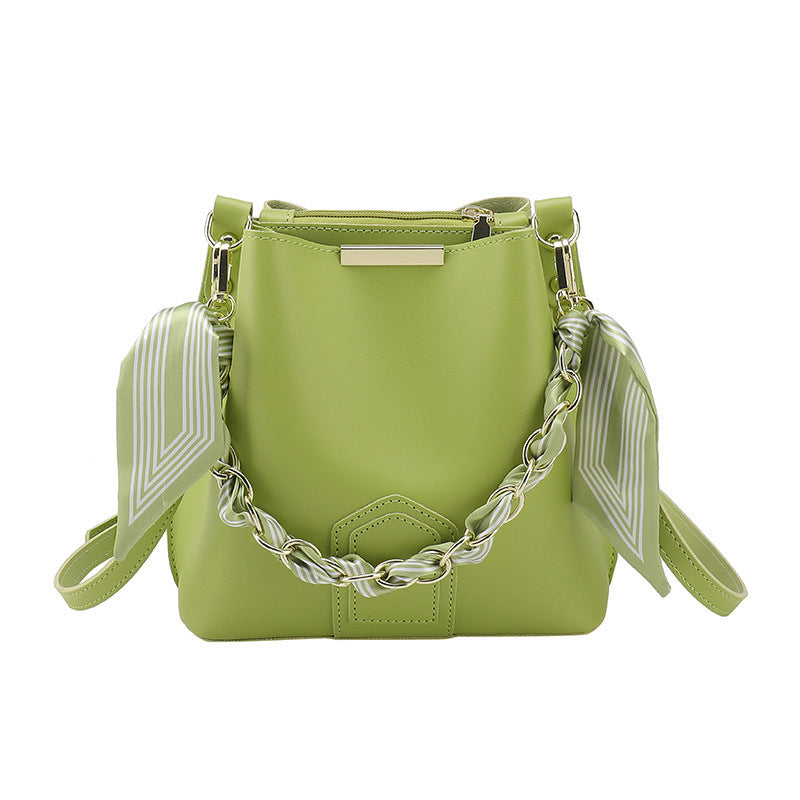 Leather Bucket Tote Bag with Chain Sling Handle