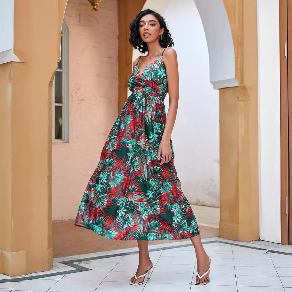 Women's Printed Waist-controlled Mid-length Sling Dress