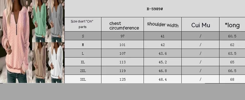 European And American Autumn And Winter New Women's Long Sleeve Solid Color And V-neck Zipper T-shirt