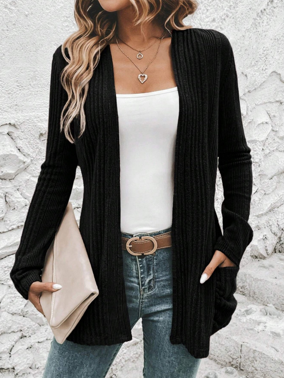 Open Front Long Sleeve Cardigan with Pockets