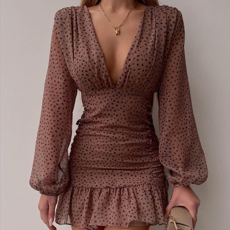 Mid-waist Printed Temperament Commuter Sheath V-neck