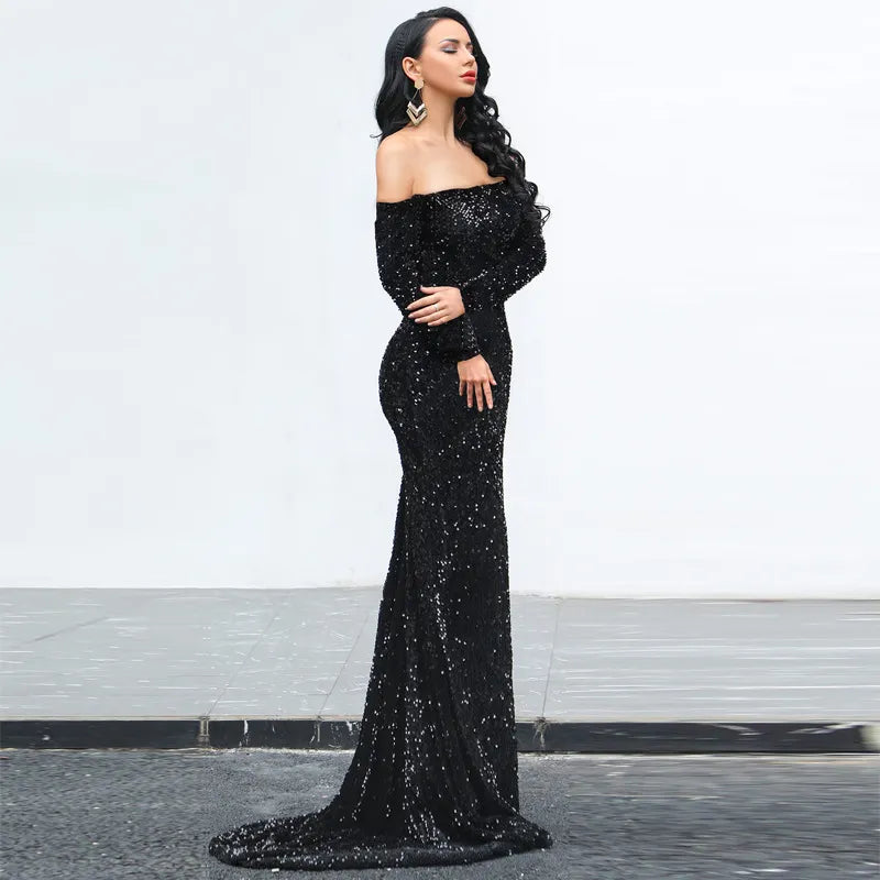 Sexy Strapless Long Sleeve Sequins Party Evening Dress
