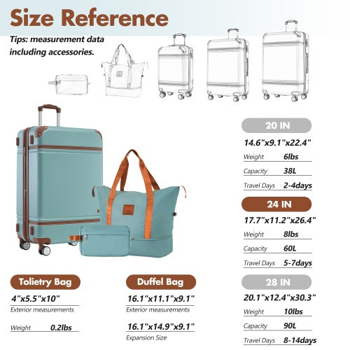 Hardshell Luggage Sets With Bags Lightweight Suitcase Double Spinner Wheels With TSA Lock ,Single Vintage Luggage 24 IN,Green-FREE USA SHIPPING