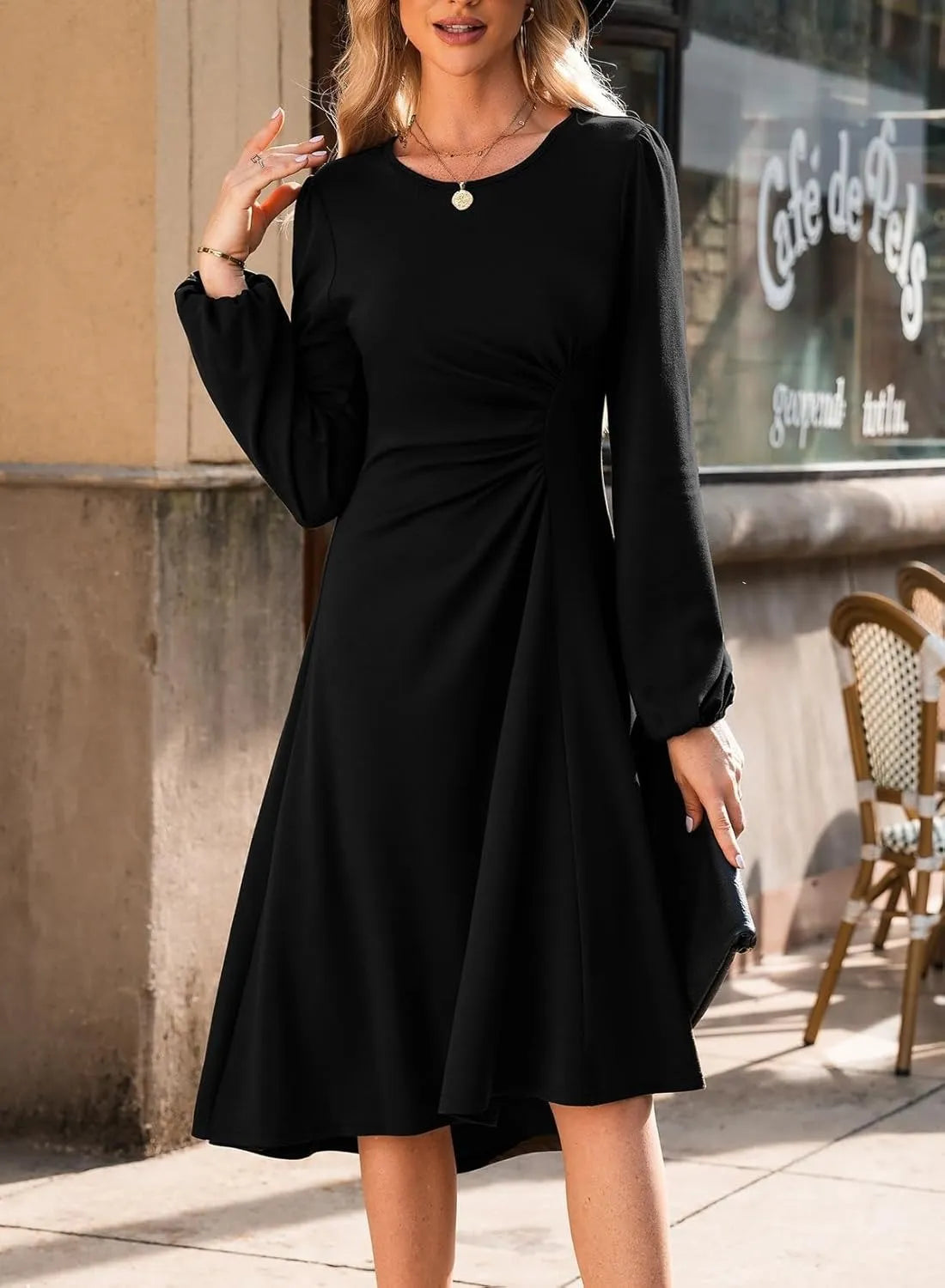 European And American Round Neck Pullover Fashion Long Sleeve Slim Fit Slit Dress