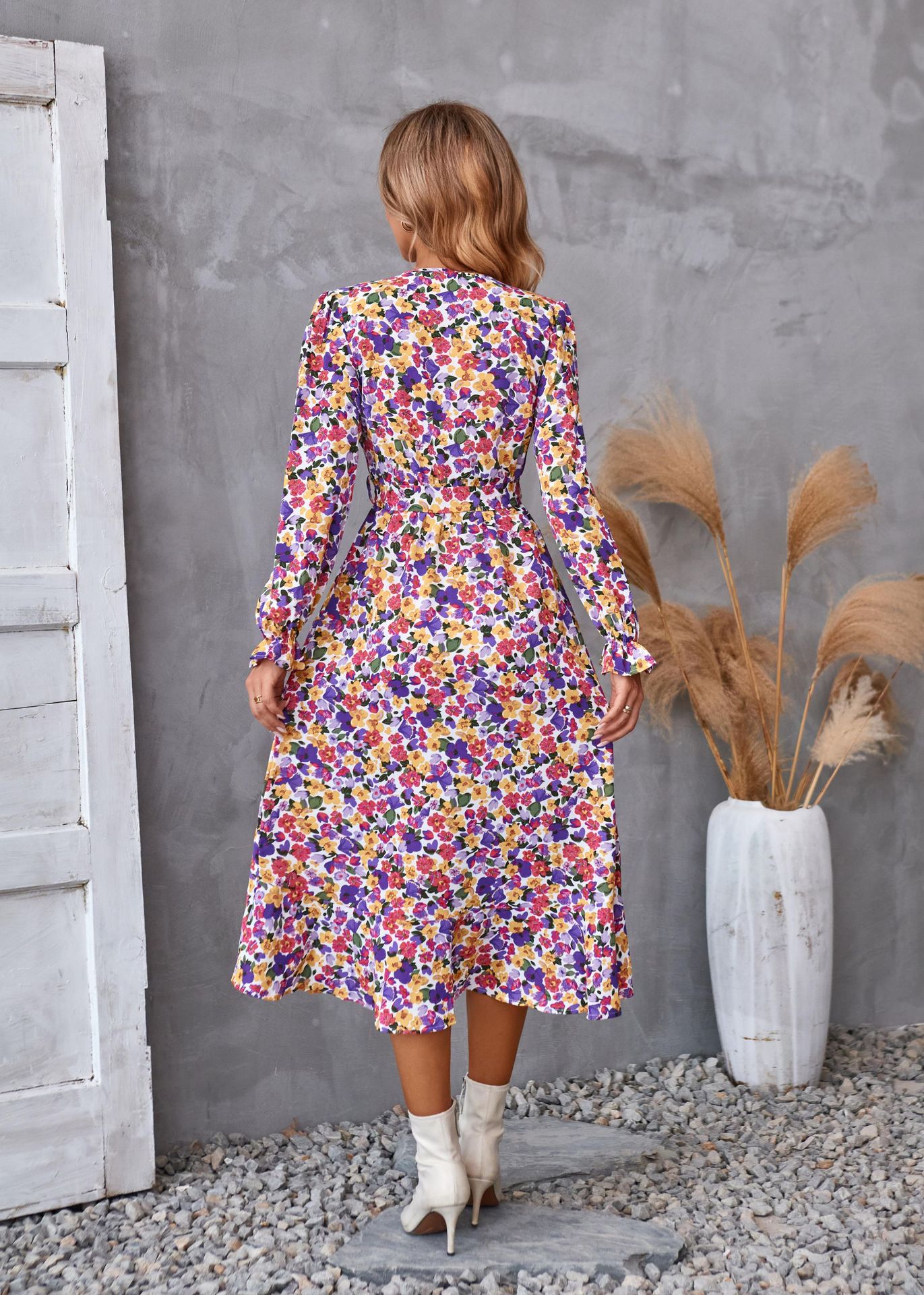 Flowers Print Long Sleeve Dress Fashion Ruffled Commuter Temperament Dresses Womens Clothing