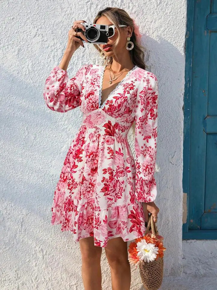 Lace V-neck Printed Leisure Vacation Long Sleeve Dress
