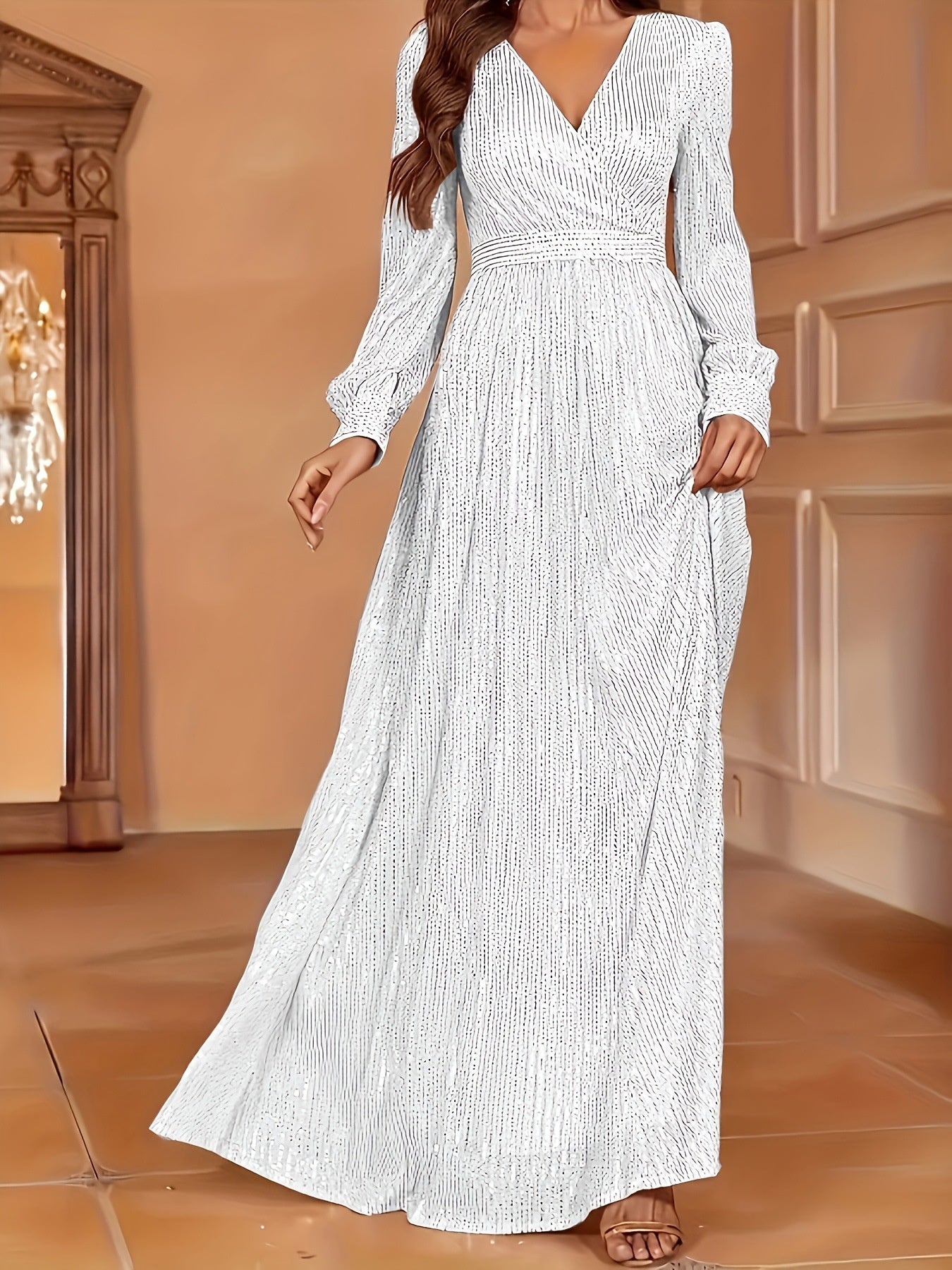 Elegant Dinner Sequined Long Sleeve V-neck High Waist Evening Dress