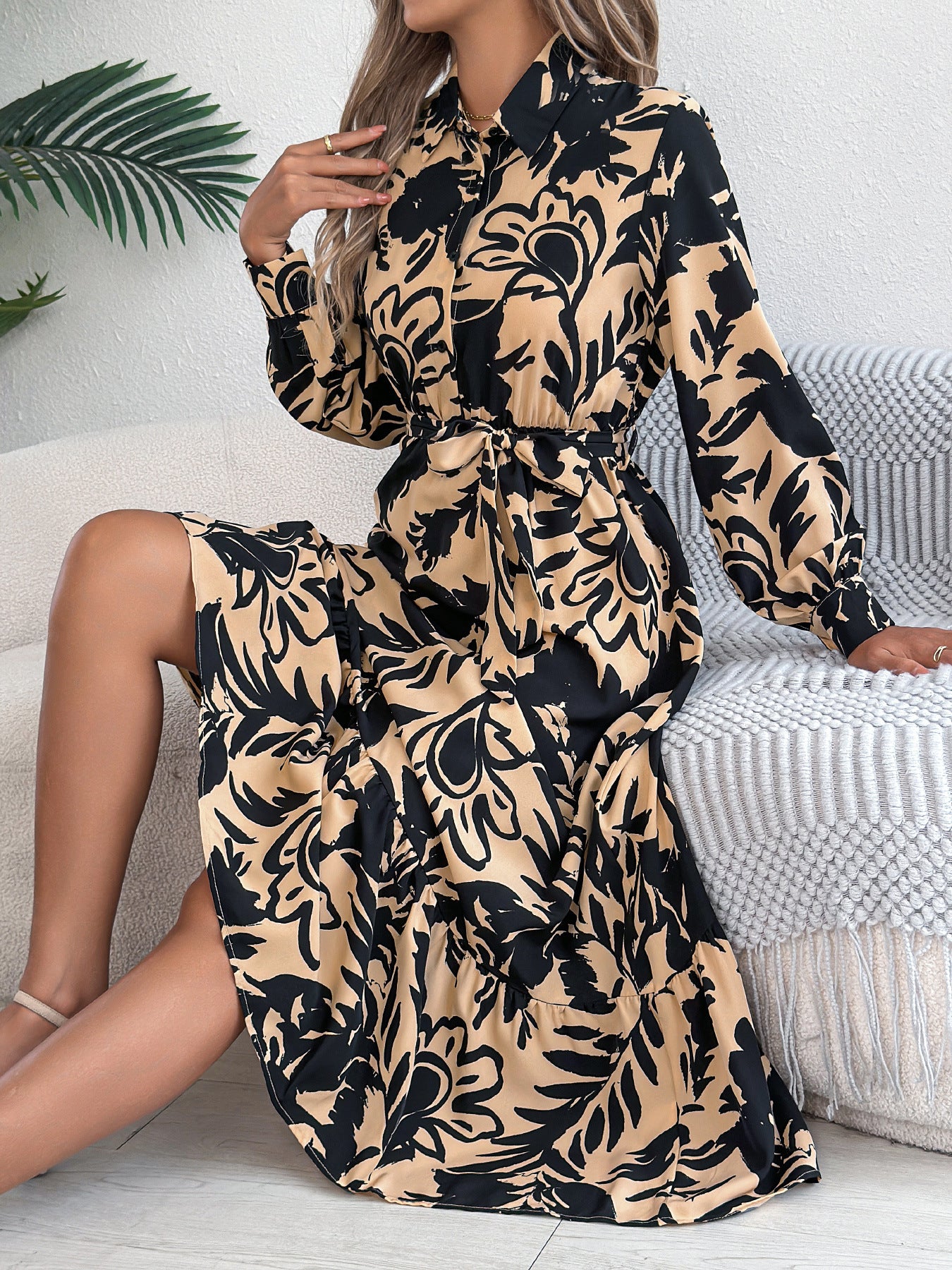 Women's Clothing Spring And Summer Leisure Flower Long Sleeve Shirt Skirt Dress