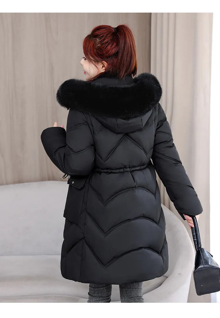Women's Mid-length Big Fur Collar Hooded Cotton Vest Cotton-padded Jacket