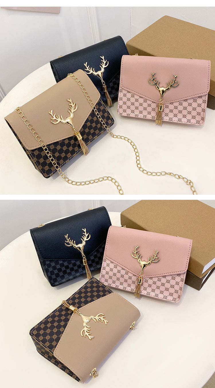 Tassel Deer Head Contrast Color Chain Small Square Leisure Phone Bag