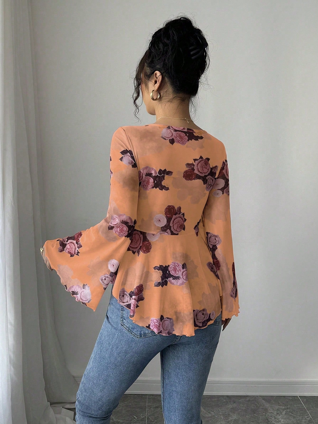 European And American Design Sense French Sweet Flower Blooming Lace-up Square Collar Long Sleeve Shirt