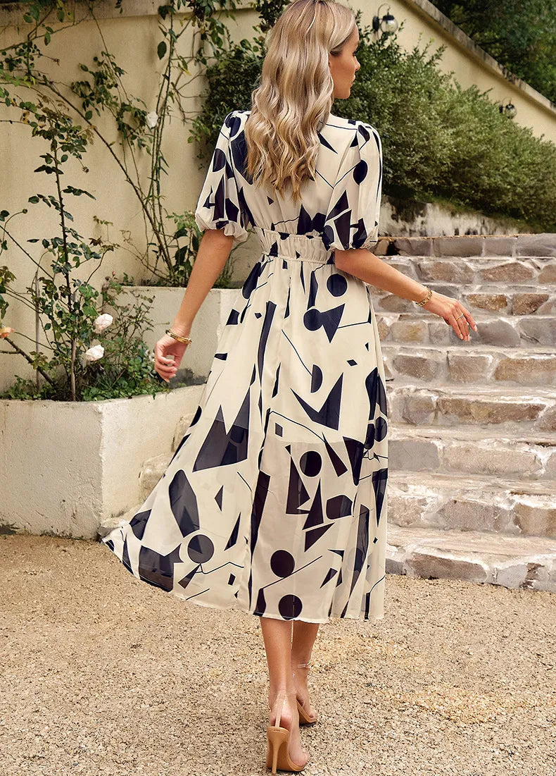 New V-neck Printed Short-sleeved Long Dress Summer Fashion Slim Seaside Vacation Beach Dresses For Women Clothing