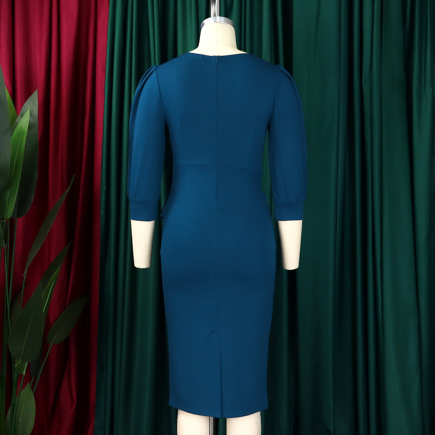 Women's Bodycon Pencil Dress Round Neck 3 /4 th Sleeve Peplum Office Dress - Free USA Shipping