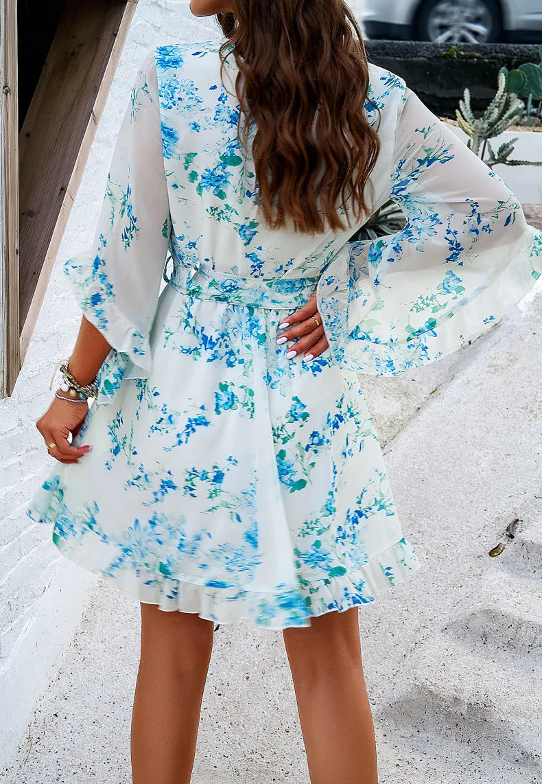 Summer Floral Print Short Sleeves Dress Lace Up Ruffles Design Fashion V-neck Short Dresses Womens Clothing