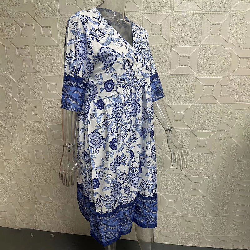 Women's Plus Size V-Neck Floral Print Dress - Loose Fit Casual Spring Summer Dress - Free USA Shipping