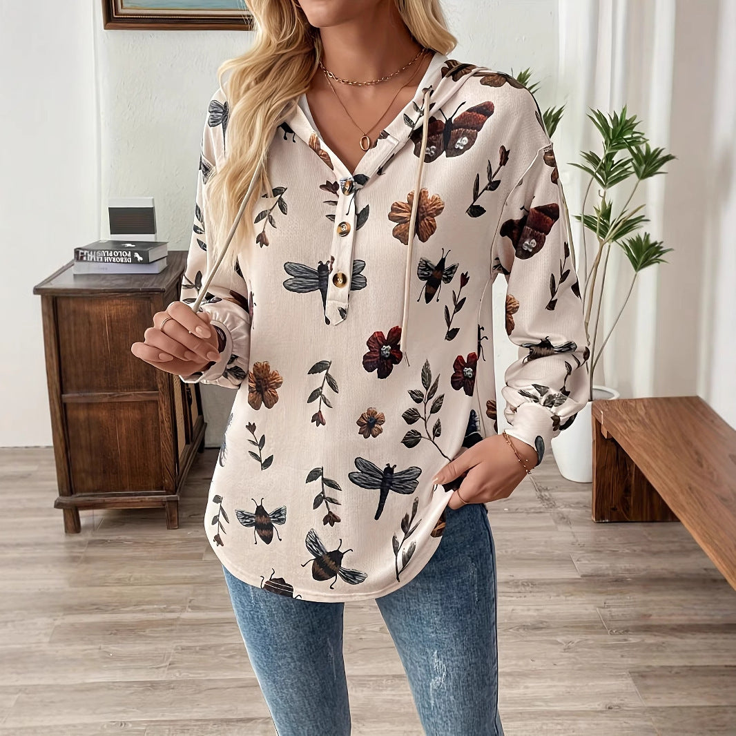 Flower Print Women's Pullover Long Sleeve Hooded Sweater