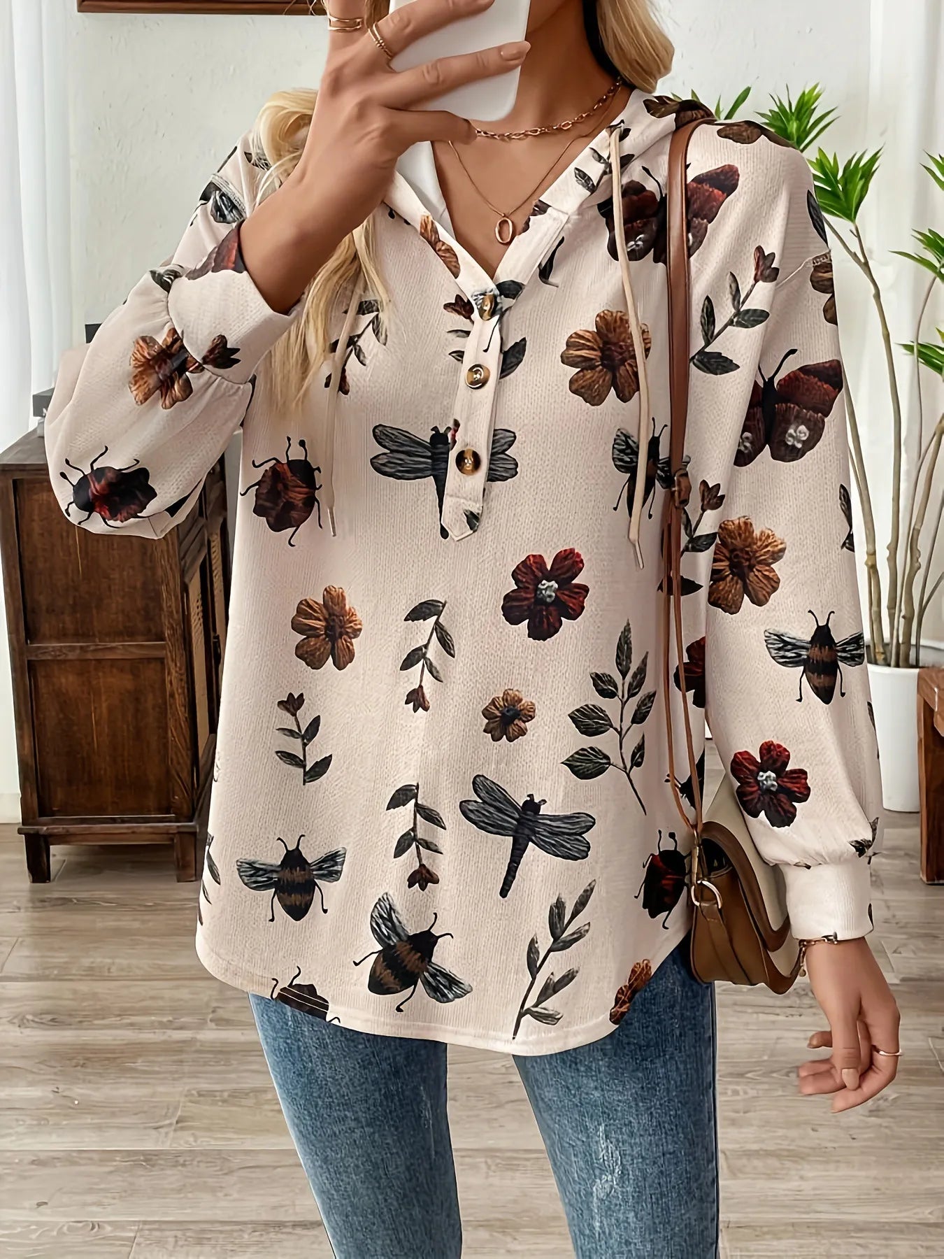 Flower Print Women's Pullover Long Sleeve Hooded Sweater