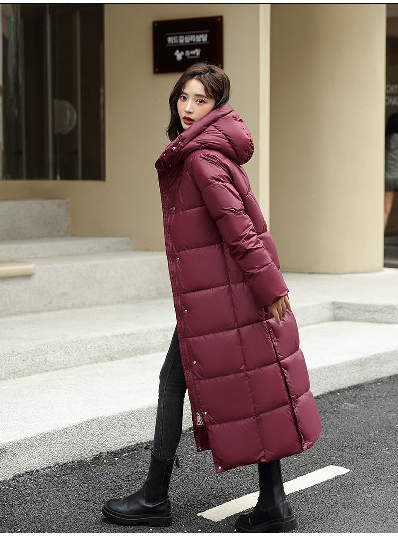 Women's Super Long Down Jacket Winter Puffer Thick Coat Black Red Hooded Zipper Keep Warm Fall Winter Casual Clothes