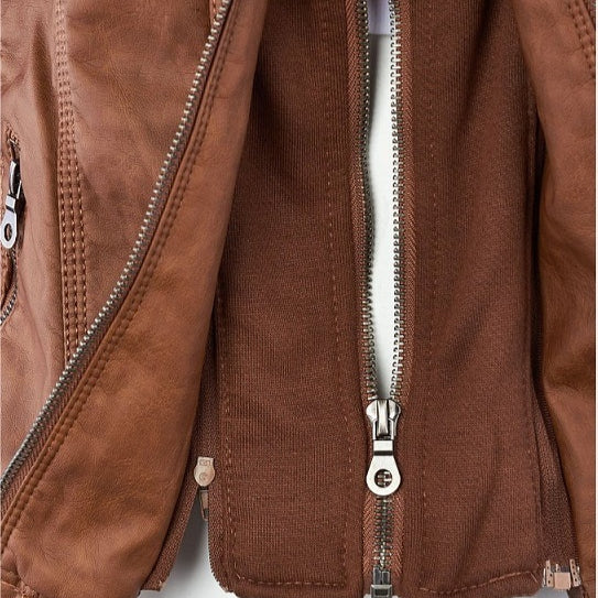 Women's Detachable Lapel Long Sleeve Solid Color Zipper Leather Jacket Coat