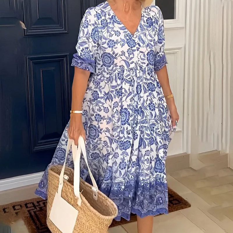 Women's Plus Size V-Neck Floral Print Dress - Loose Fit Casual Spring Summer Dress - Free USA Shipping