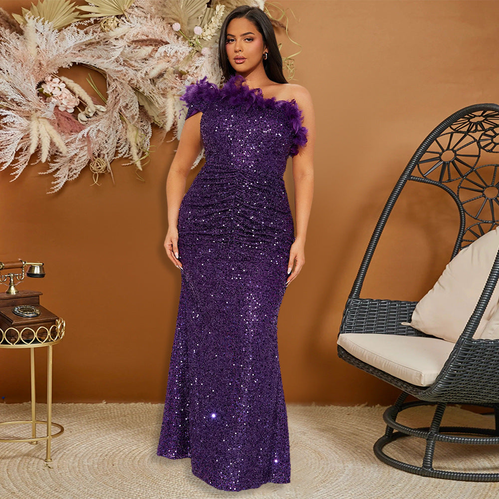 Feather Stitching Sequin Sexy Evening Dress Women