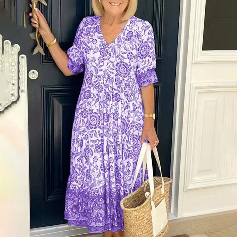 Women's Plus Size V-Neck Floral Print Dress - Loose Fit Casual Spring Summer Dress - Free USA Shipping