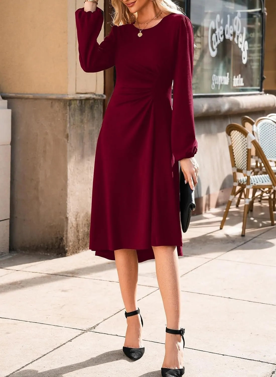 European And American Round Neck Pullover Fashion Long Sleeve Slim Fit Slit Dress