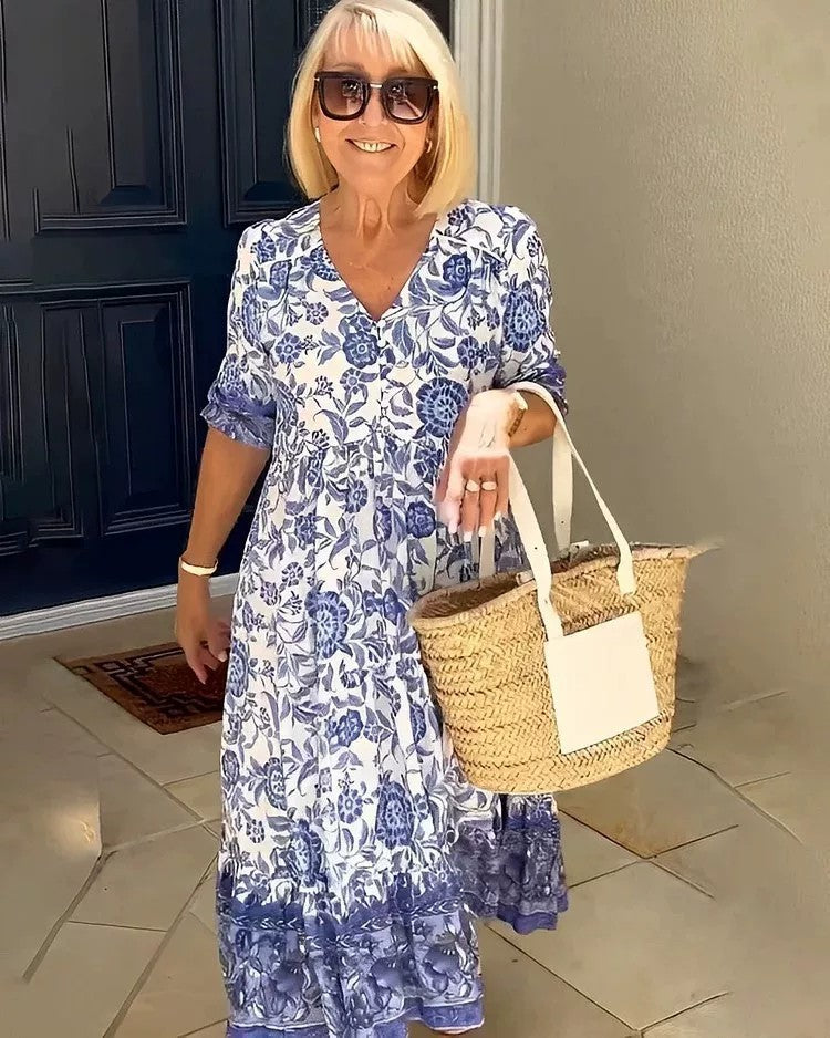 Women's Plus Size V-Neck Floral Print Dress - Loose Fit Casual Spring Summer Dress - Free USA Shipping