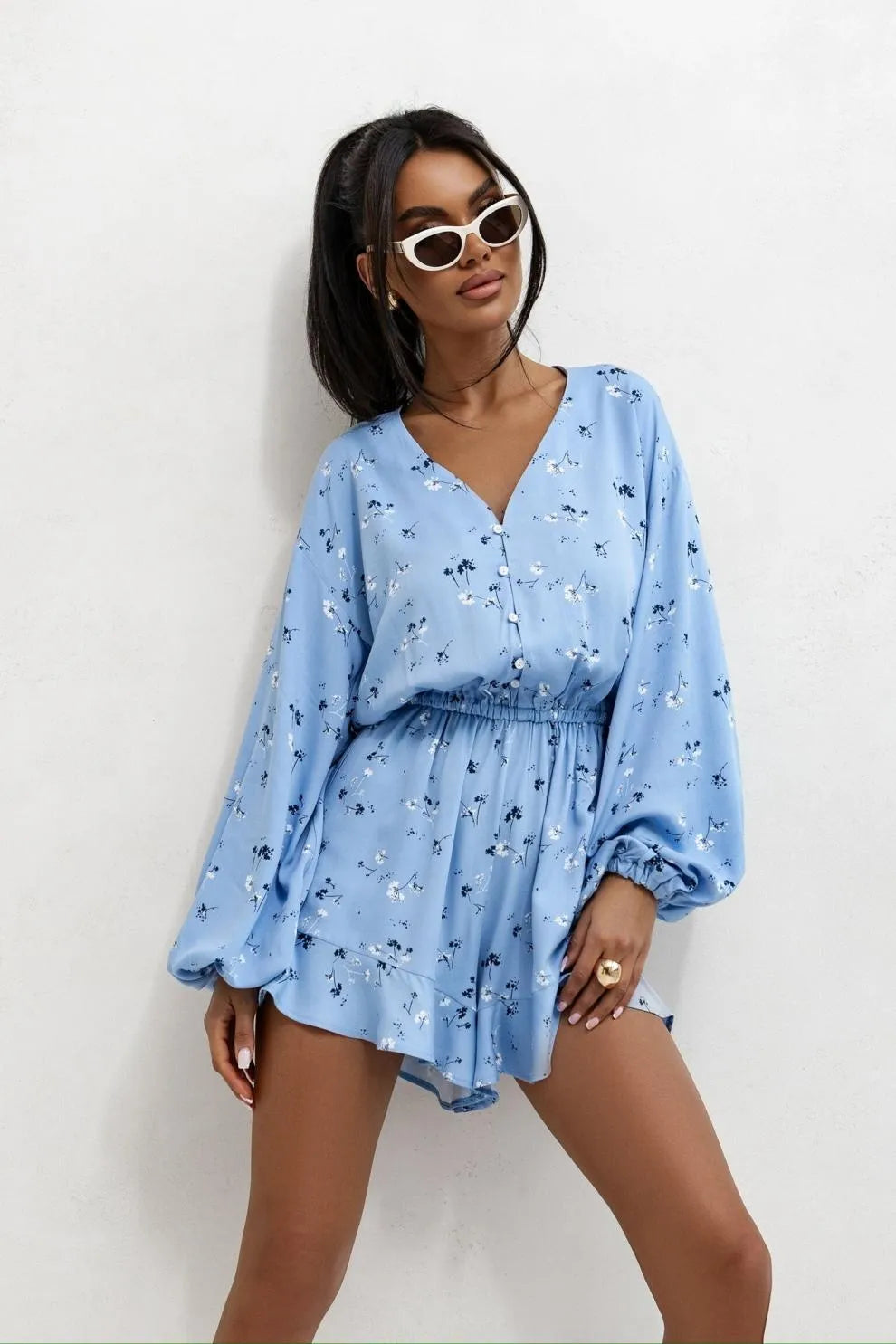 Printed V-neck Long Sleeve Jumpsuit