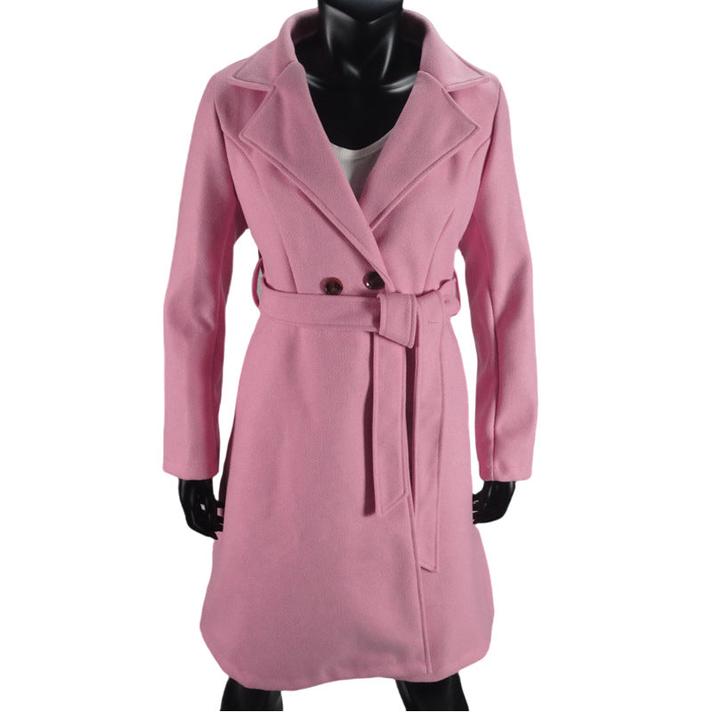 Long Woolen Women's Waist-controlled Lace-up Double Breasted Coat