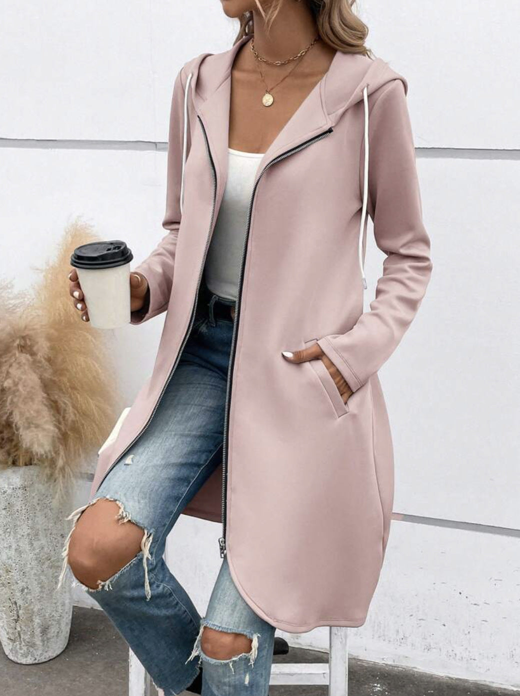 Personality Street Zip Hooded Long Velvet Lining Sweatshirt