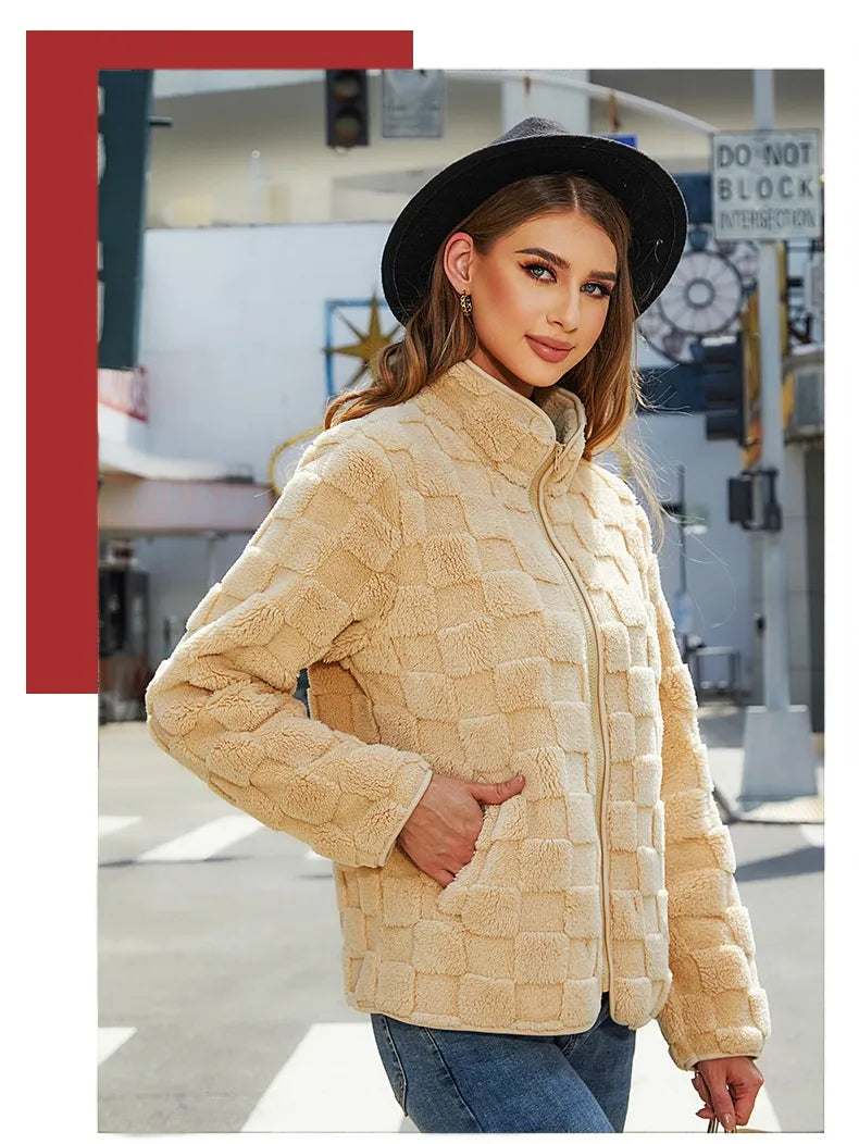 Loose Solid Color Plaid Plush Coat
