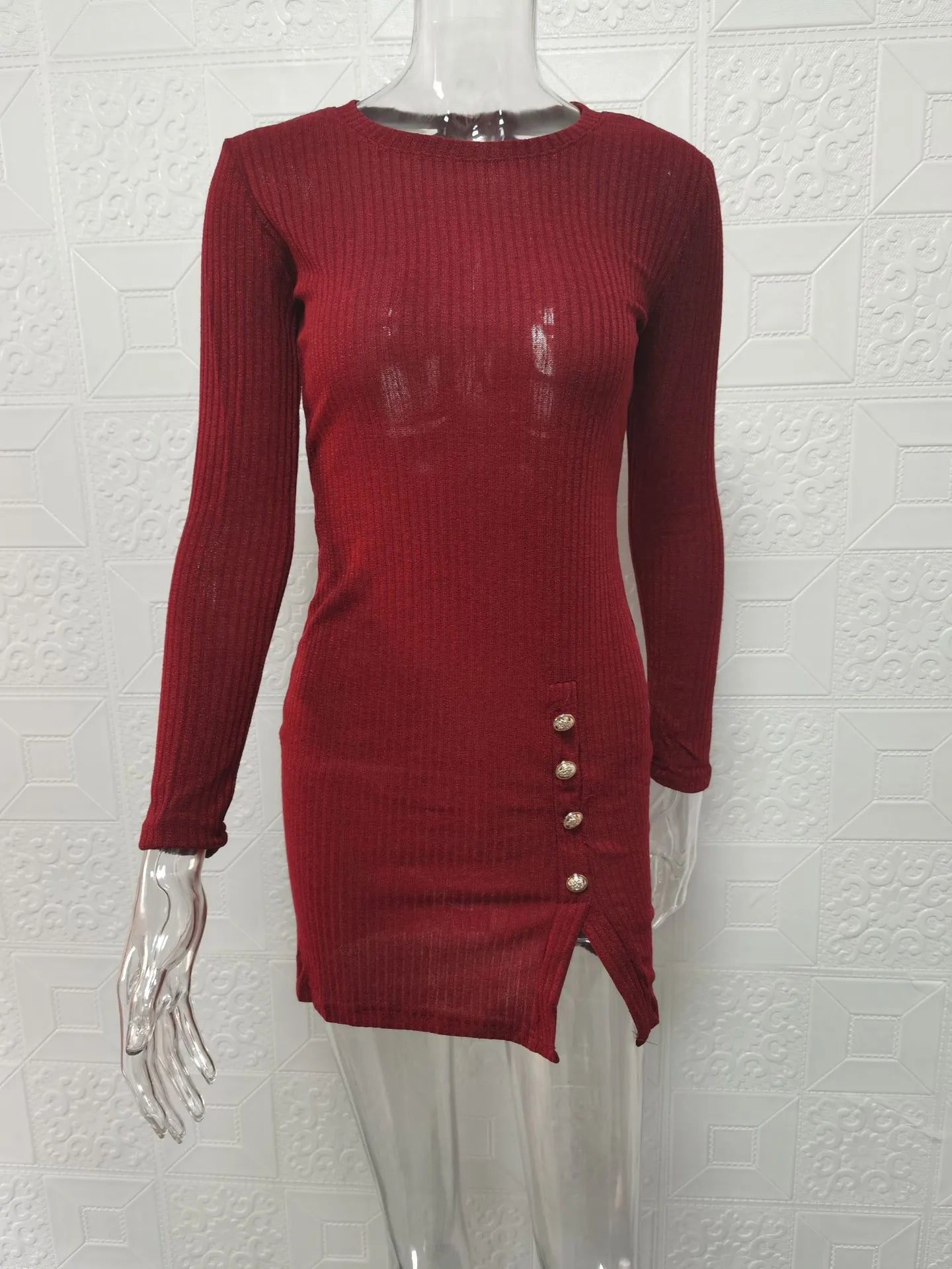 Button Sexy Hip Skirt Long Sleeve Dress