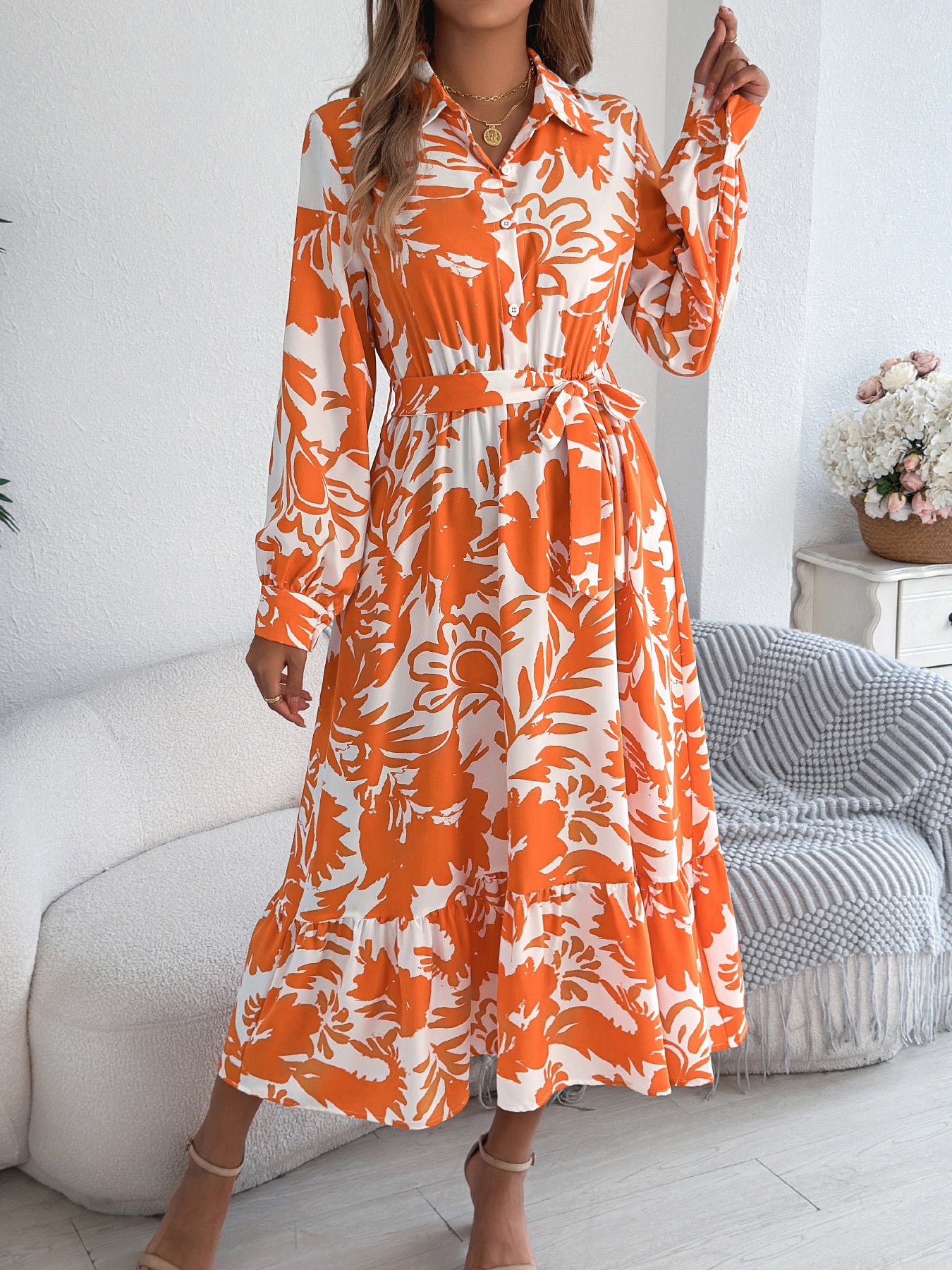 Women's Clothing Spring And Summer Leisure Flower Long Sleeve Shirt Skirt Dress