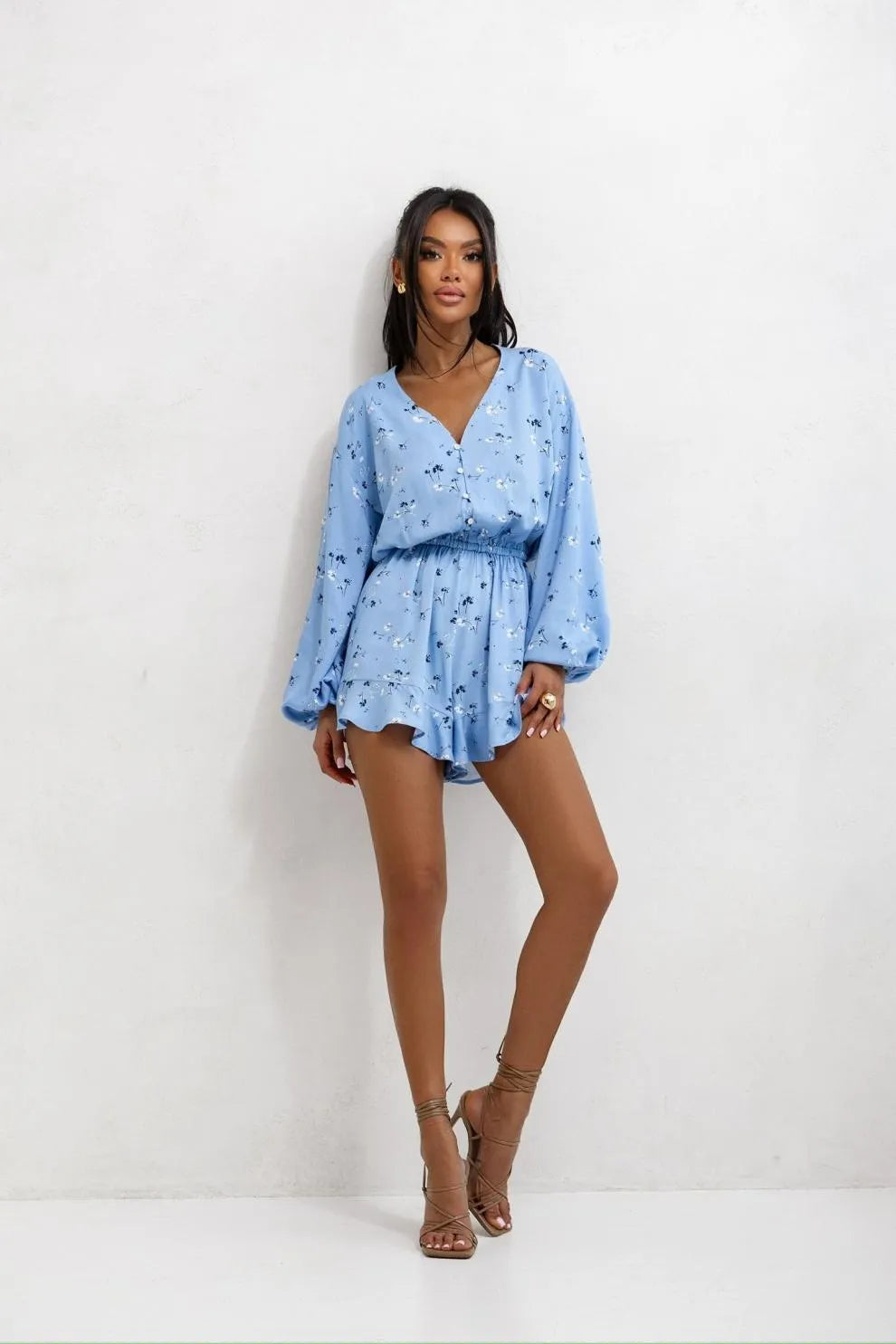 Printed V-neck Long Sleeve Jumpsuit