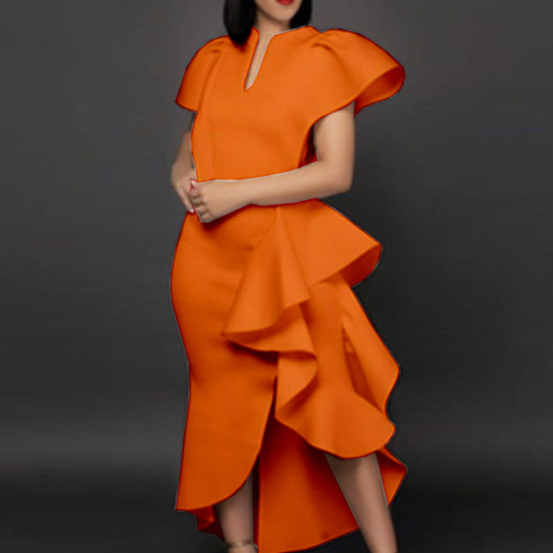 High Waist Irregular Elegant V-neck Flounce Dress
