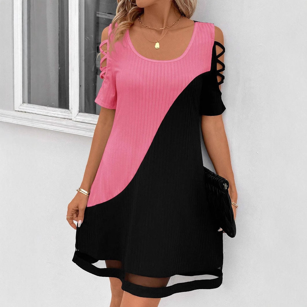 Women's Color Matching Hollow Out Mesh Midi Dress