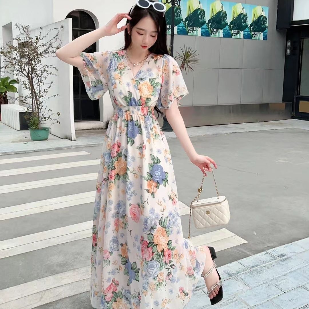 V-neck Mori Style Slim Fairy Floral Dress
