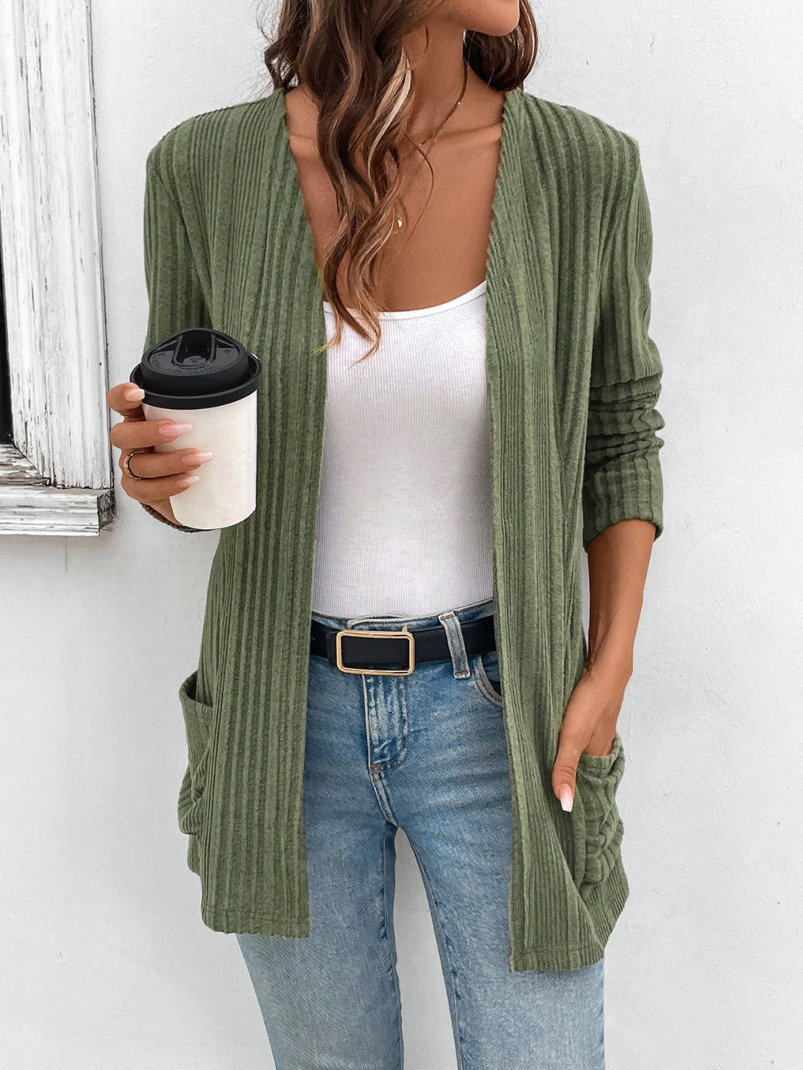 Open Front Long Sleeve Cardigan with Pockets