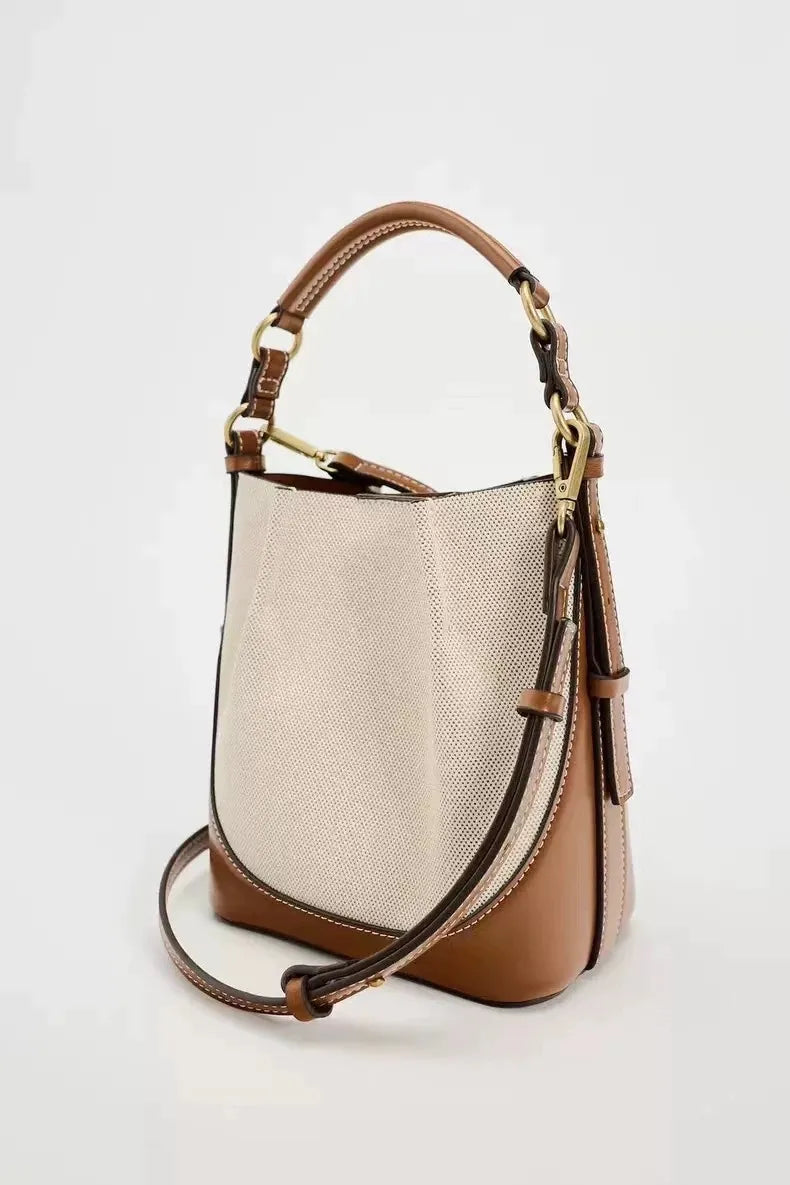 Fashion Drawstring Canvas Contrast Color Casual One-shoulder Bucket Bag