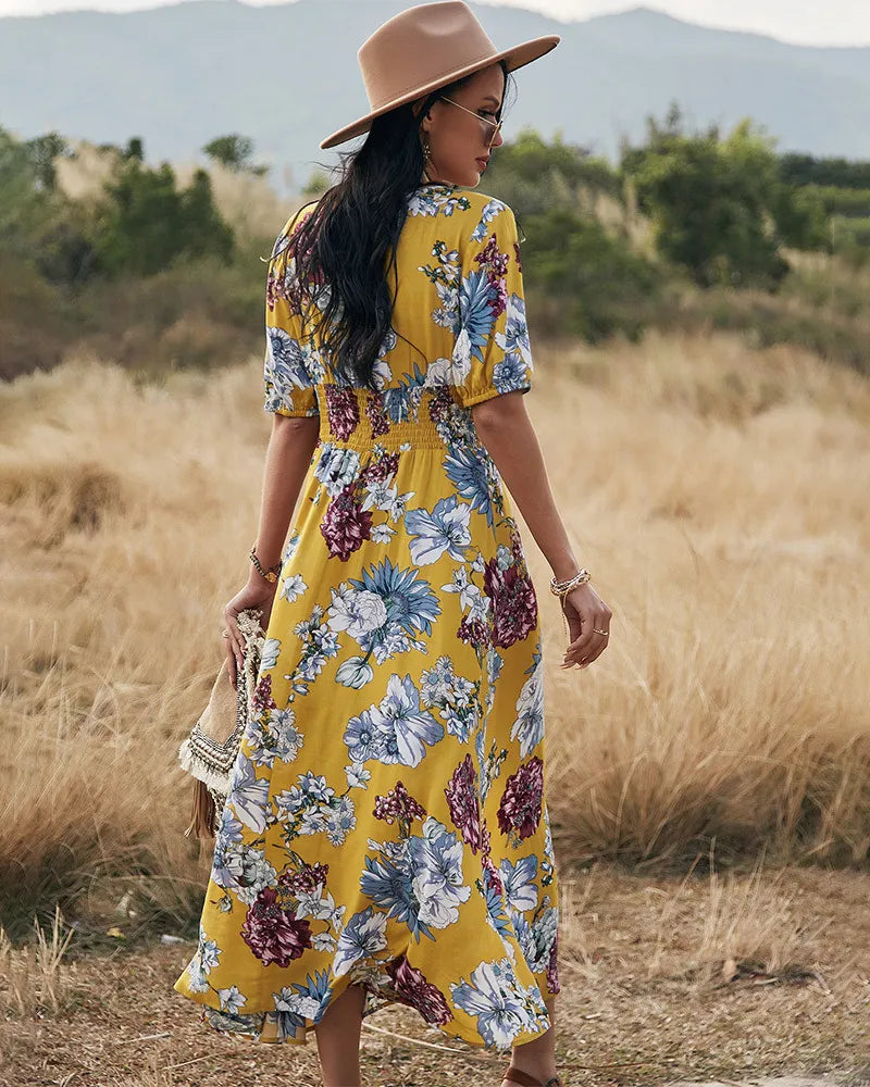 Floral Summer Beach Dress With V Neck Elastic Waist Dresses For Women